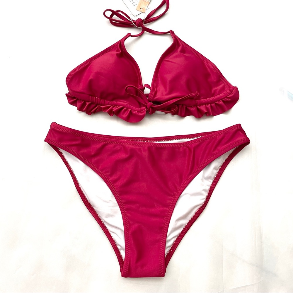Burgundy triangle bikini with front tie ruffle top Size small